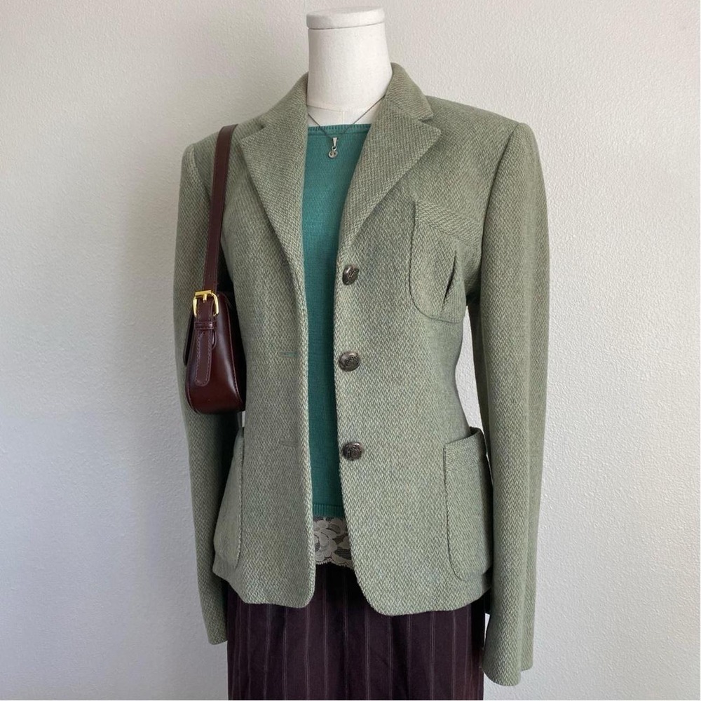 Vintage Lauren Ralph Lauren Green Herringbone Wool Tweed Equestrian Blazer - Picture 5 of 8